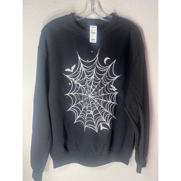 Unisex Classic Spiderweb White Photographic Print Sweatshirt Long Sleeve Black - Picture 1 of 1